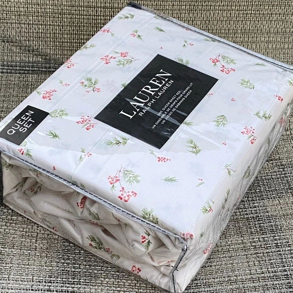 Lauren Ralph Lauren Red Green White Forest Holiday Cotton QUEEN Sheet Set 4pc